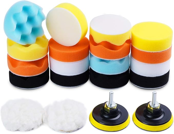 Buffing Pads for Drill 22PCS Foam Drill Buffing Kit Car Drill Polishing Kit for Car Sanding, Buffing, Waxing(18 Pads+2 Drill Adapters+2 Suction Cups)