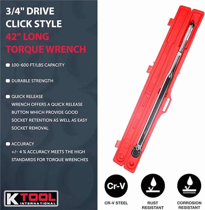 K Tool International 72175 Ratcheting Torque Wrench with 3/4" Drive for Garages, Repair Shops, and DIY, 100-600 ft/lbs., Click Style, Laser Marked Scales, Quick Release, Carrying Case, Non-Slip Handle