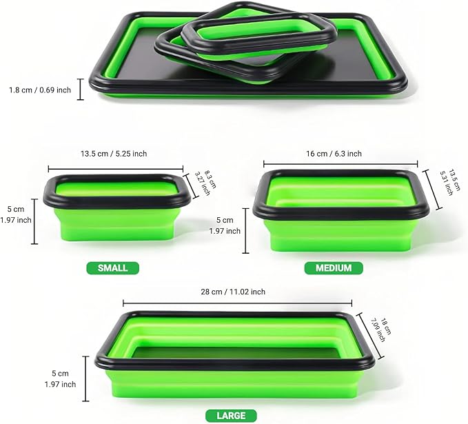 Collapsible Magnetic Parts Tray Set of 3 Different Size, Foldable Silicone Tool Trays for Screws, Bolts, Nuts and Other Small Metal Parts (Green)