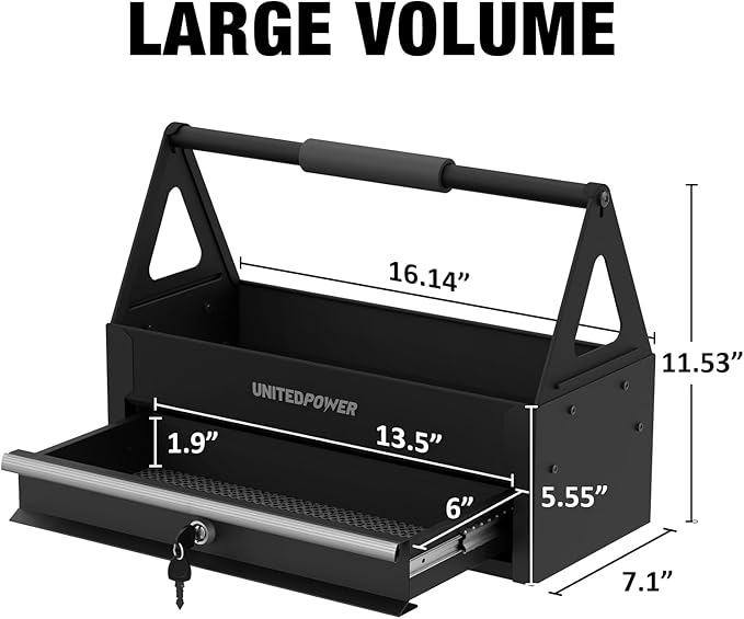 UNITEDPOWER Handy Tool Box With 1 Drawer，Portable Metal Tote Tray with comfortable grip handle, Tool Organization for Household, Warehouse, Repair Shop, Black