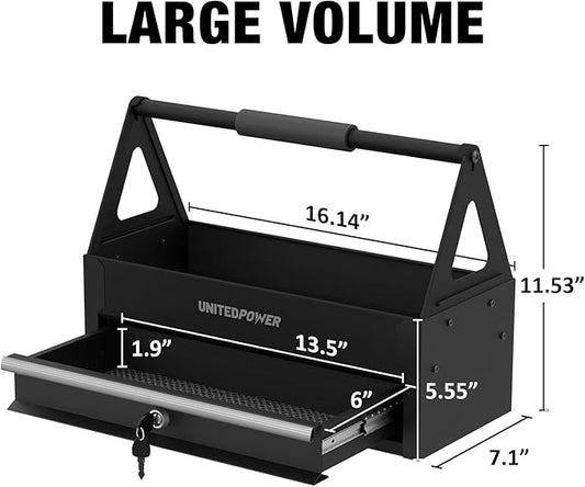 UNITEDPOWER Handy Tool Box With 1 Drawer，Portable Metal Tote Tray with comfortable grip handle, Tool Organization for Household, Warehouse, Repair Shop, Black