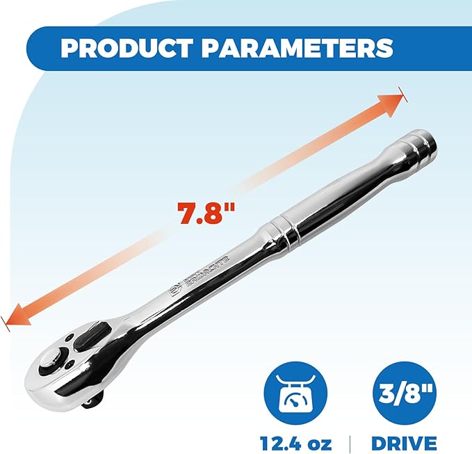 3/8-Inch Drive Ratchet, Quick-Release Reversible Ratchet Wrench, 72-Tooth 3/8 Drive Ratchet Handle, Chrome Alloy Made, Cr-Mo Head,Full Polished