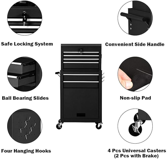 ERGOMASTER Rolling Tool Chest and Cabinet with 6-Drawers - Includes 4-Drawers Removable Top Box, 2-Drawer Capacity Tool Storage, Wheels and Locking System for Convenient and Safe Tool Storage-Black