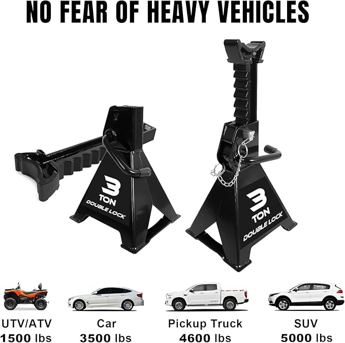 Torin AT43005AB Steel Heavy Duty Jack Stands: Double Locking Pins, 3 Ton (6,000 lb) Capacity, Black, 1 Pair (2 Pack)