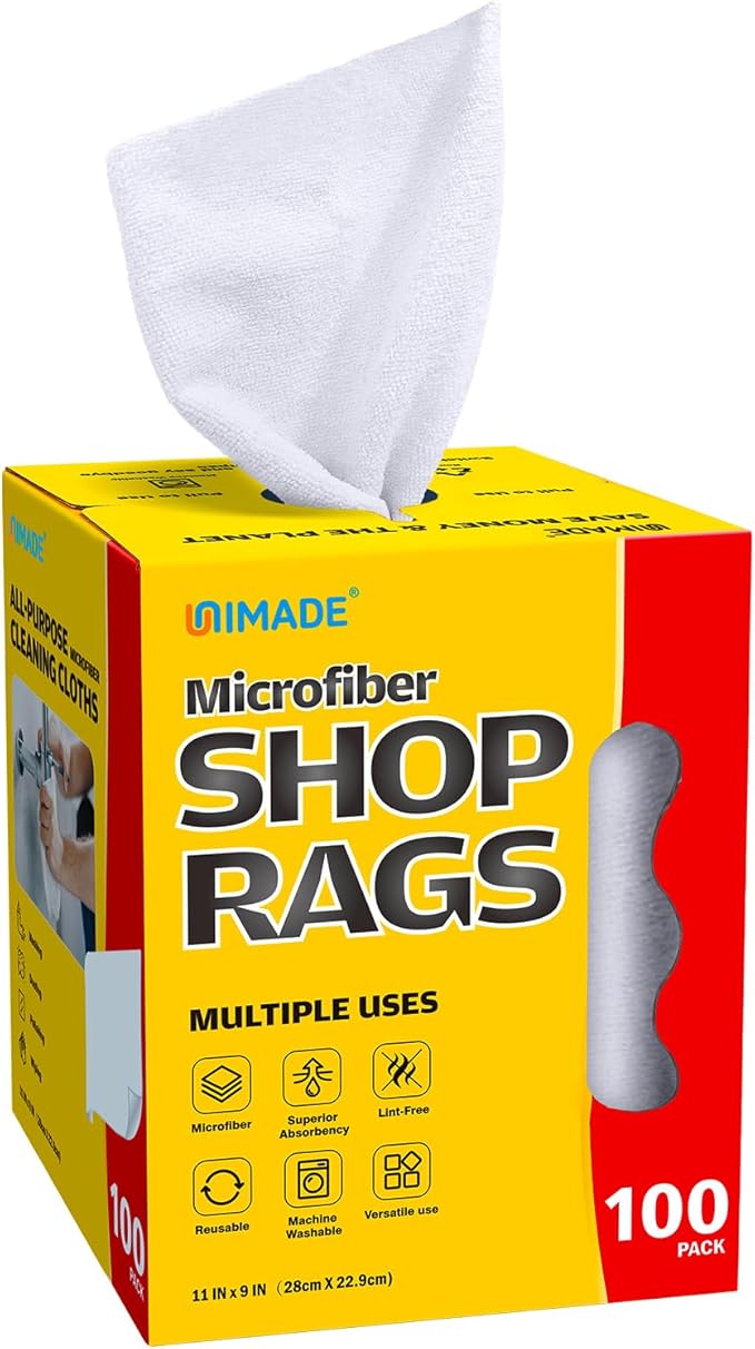 Shop Rags, 100 Sheets Microfiber Cleaning Cloth Commercial Grade Washcloths Lint-Free Bulk Shops Towels for Cars Mechanic Restaurant Garage Housekeeping, 11"x 9", White