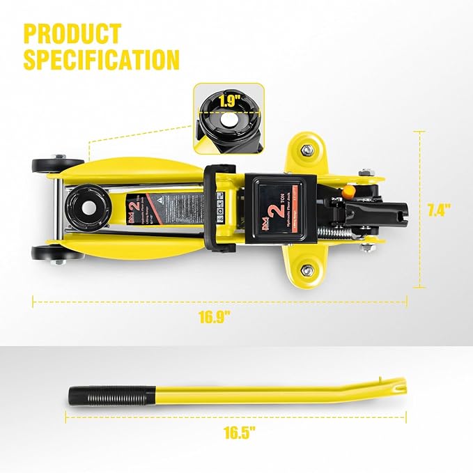 PM PERFORMOTOR Low Profile Hydraulic Trolley Service/Floor Jack, 2 Ton (4000 lbs) Capacity, Lifting Range 5.1"-13", Yellow,PM-TOL-FJ20-YL