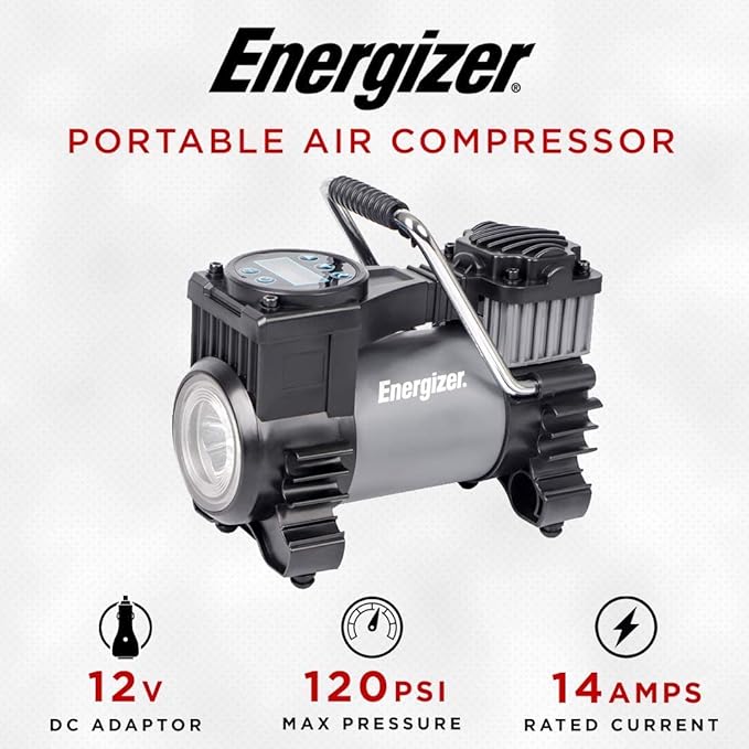 Energizer Portable Air Compressor, 12V DC Air Pump for Car Tires with Digital Tire Pressure Gauge, 120 Max PSI, Preset Pressure Feature, LED, and Digital Display