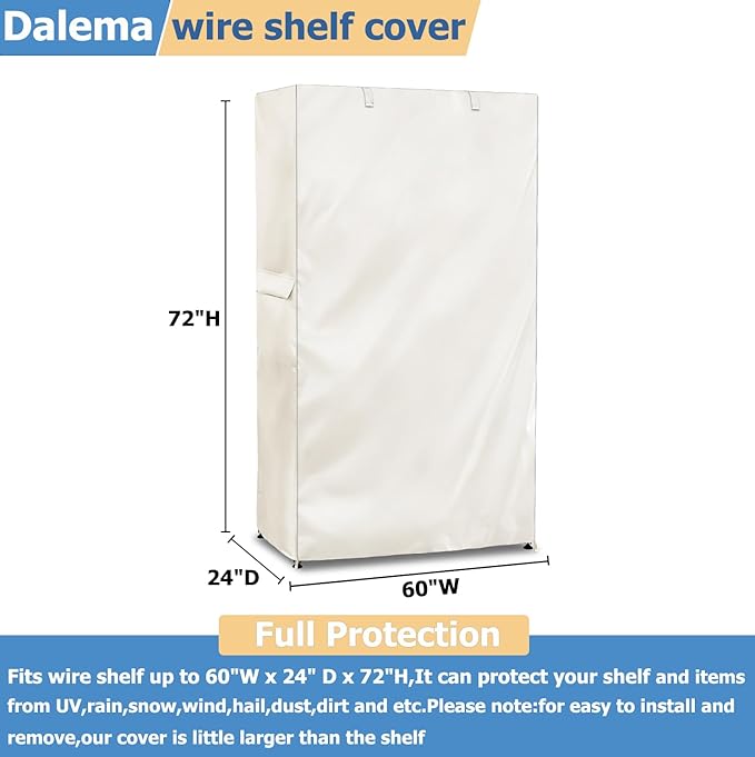 Storage Shelf Cover,Outdoor Heavy Duty 600D 60''W x 24''D x 72''H Dustproof Waterproof Shelf Covers for Wire Shelving,Storage Rack Cover with Zipper,White