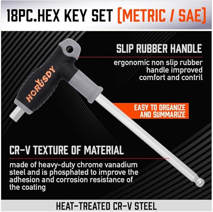 HORUSDY 18-Piece T-Handle allen wrench set, Inch/Metric Long Arm Ball End Hex Key Wrench Set, MM(1.5mm-10mm) SAE(1/16"-3/8")