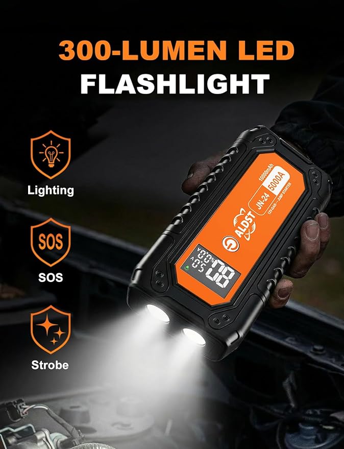 Car Battery Jump Starter 5000A, 45W PD Super Fast Charging Technology, 12V Portable Battery Jumper Booster Box with Cables LED Display Flashlight for 9.0L Gas 8.0L Diesel Engines