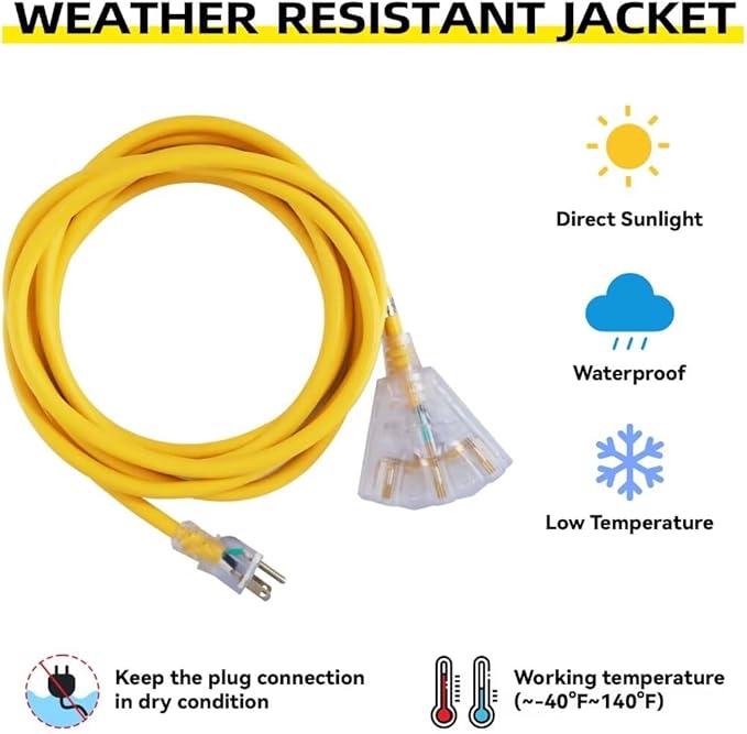 25 Ft Lighted Outdoor Extension Cord with 3 Electrical Power Outlets - 12/3 SJTW Heavy Duty Yellow Extension Cable with 3 Prong Grounded Plug for Safety, UL Listed