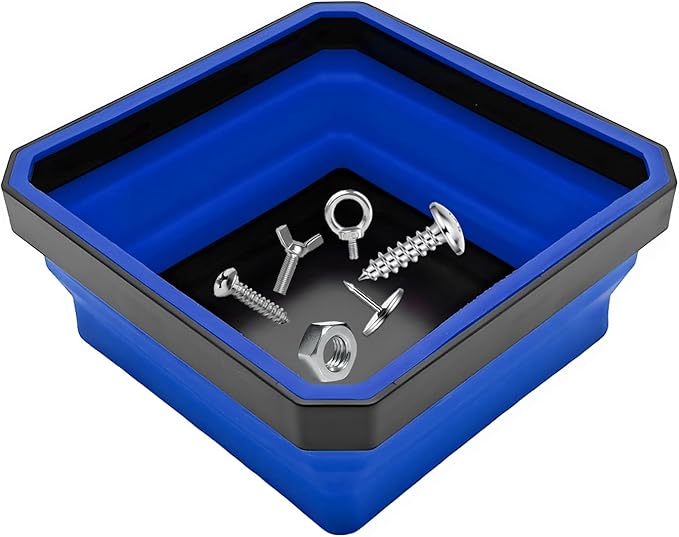 Collapsible Magnetic Parts Tray, 4.5" Square Silicone Metal Parts Organizer Double-Sided Magnet Bowl, Foldable Magnetic Tool Trays for Screws Bolts Nuts Washers Pins (Blue)