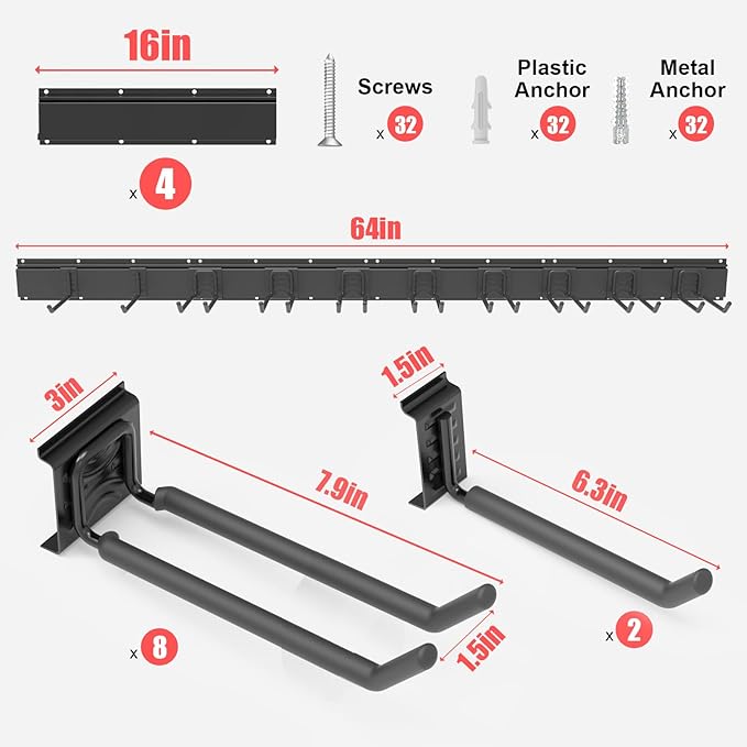 Wall-Mounted Garage Tool Organizer: 64 Inch Heavy-Duty Garden Rack & Wall Storage System - 4 Rails 10 Non-Slip Hooks for Folding Chairs, Ladders & DIY Tools