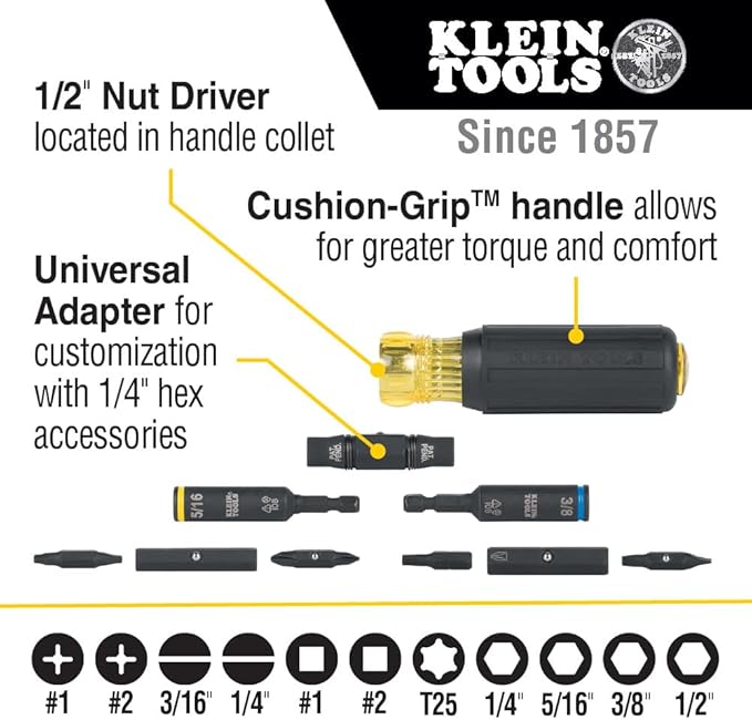 Klein Tools 85146 Screwdriver Set with Magnetizer/Demagnetizer for Magnetic Tips 3 Slotted & 32500HD Multi-Bit Screwdriver/Nut Driver, Impact Rated 11-in-1 Tool with Phillips
