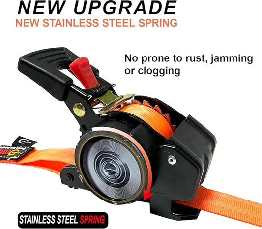 2-Pack Orange Stainless Steel Spring Retractable Ratchet Straps Heavy Duty - 1 Inch X 10Feet with Soft Loops, 2,000lbs Breaking Strength - Best for Trucks, Cargo Trailer, Motorcycle