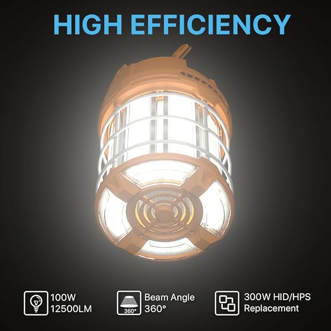 HYPERLITE LED Temporary Work Light 100W 12500LM 300W HID/HPS 5000K, Portable LED Jobsite Light with Stainless Steel Safety Guard and Sturdy Hook for Construction Sites, Workshop(with an ON/OFF Switch)