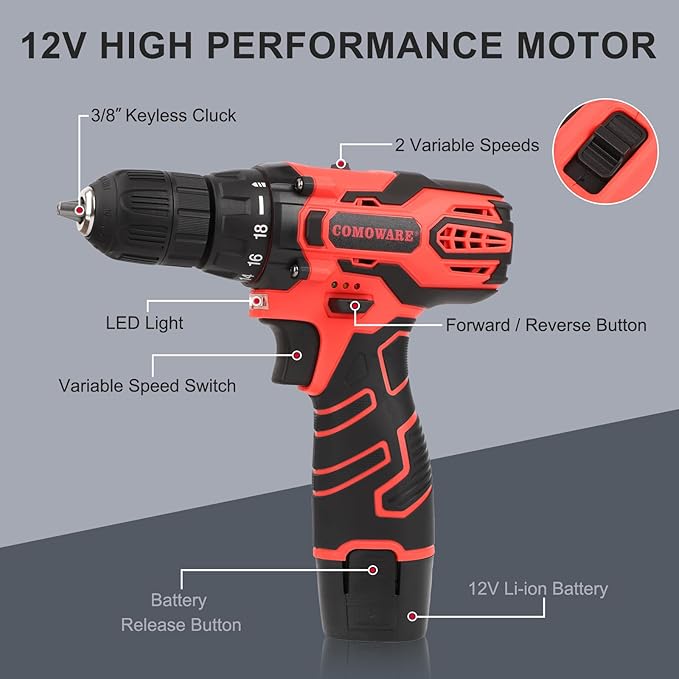 COMOWARE Cordless Drill Set, 12V Power Drill, 1 Battery, 3/8" Keyless Chuck,0-450 & 0-1500 RPM, 10pcs Screwdriver Bits, Red