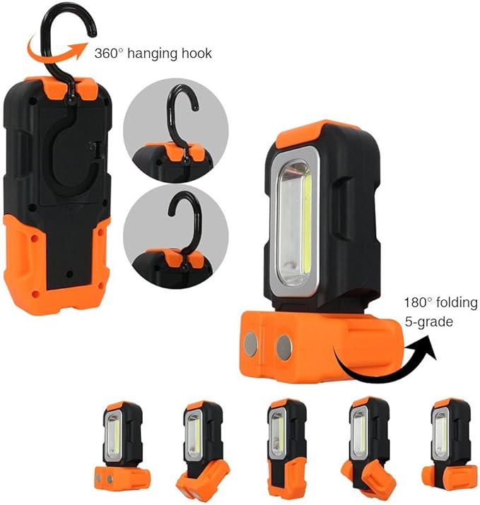 TORCHSTAR Portable LED Work Light, Hanging Hook & Magnetic Flashlight, Battery Operated COB Pocket Work Light for Car Repairing, Emergency, Hiking, Camping, Pack of 2