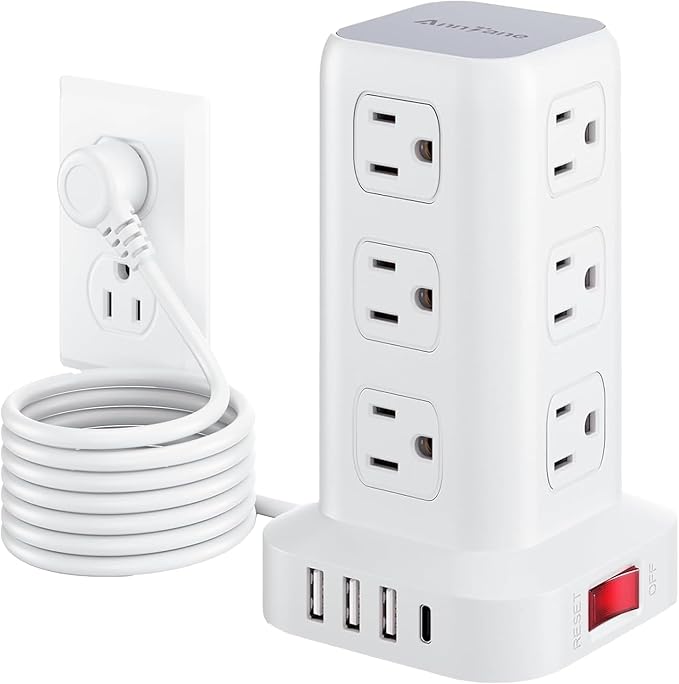 AnnTane Surge Protector Power Strip 6.5 FT Cord, Power Strip Tower with 4 USB Ports (1USB C), Extension Cord with 12 AC Multiple Outlets, Home Office Supplies Desk Accessories, Dorm Room Essentials