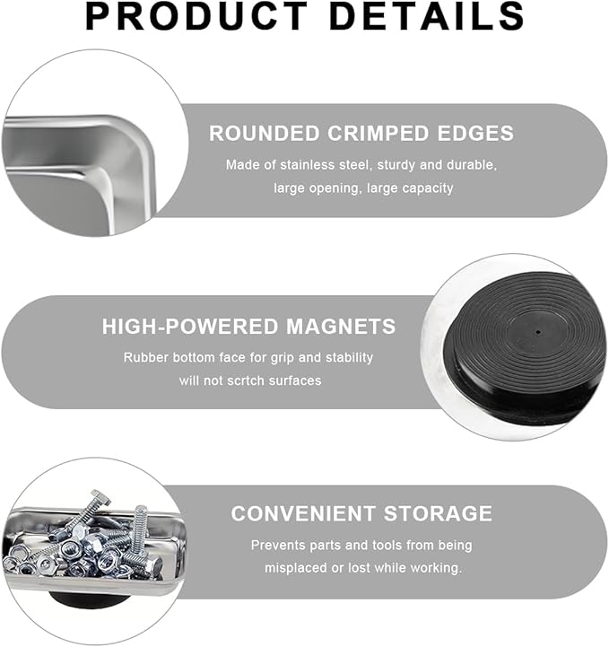 2 PCS Magnetic Parts Tray Set, Stainless Steel 3.6"×2.5" Square Magnetic Tool Tray for Mechanic's, Thickened Magnet Parts Tray for Screws, Bolts, Nuts, Washers, Pins