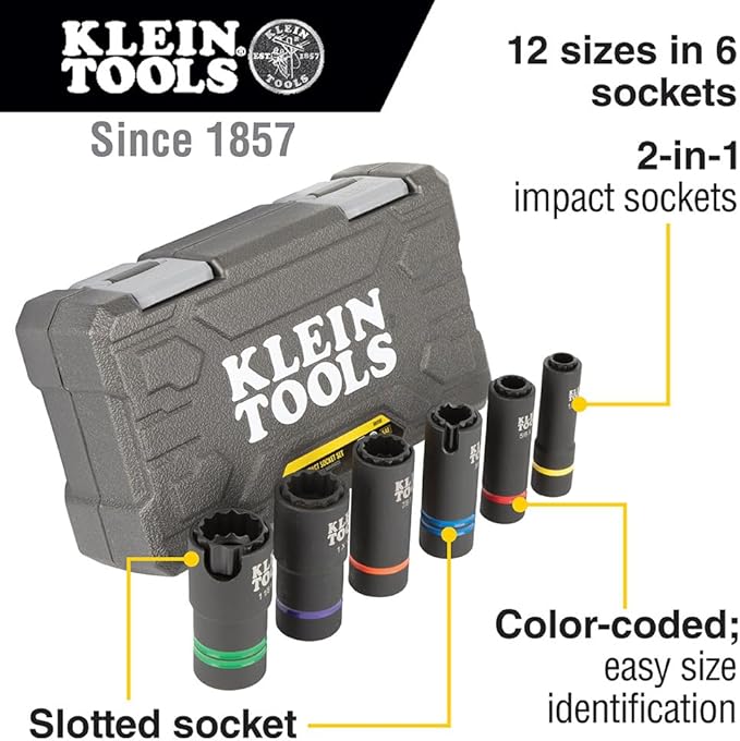 Klein Tools 660KIT2 1/2-Inch Drive Impact Socket Set with 6-in-1 Impact and 6 Slotted Sockets, for Linemen and Utility Work, 8-Piece