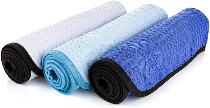 The Rag Company - Dry Me A River - Professional Korean 70/30 Blend, Microfiber Waffle-Weave, Drying & Detailing Towels, Soft Suede Edges, 390gsm, 16in x 24in, Royal Blue (3-Pack)