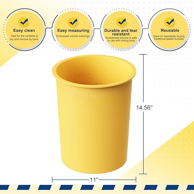 5 Gallon Bucket Silicone Liner Reusable for Thinset Paint Epoxy Concrete Mixing Bucket Saver with Graduated Measurements, Heavy Duty Yellow
