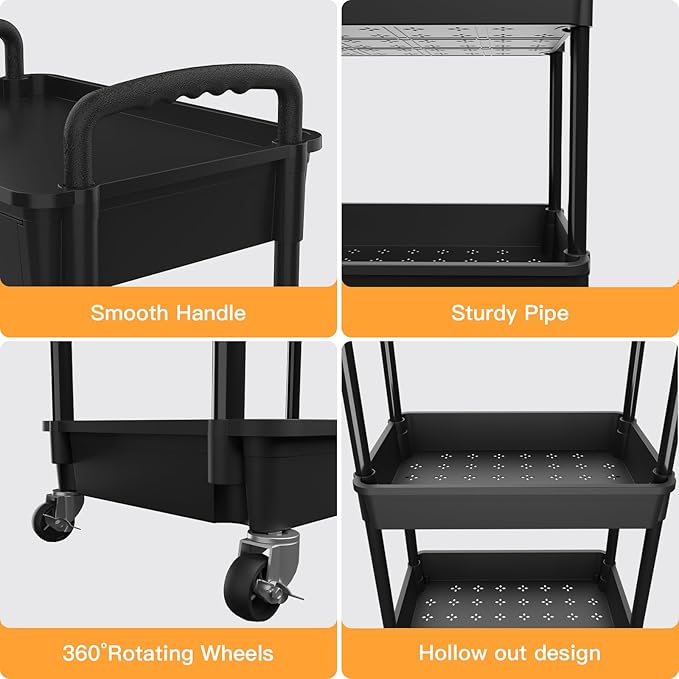 3 Tier Rolling Utility Cart with Drawer,REBECAT Utility Cart Made of Multifunctional Storage Organizer Tool for Kitchen,Bathroom,Living Room,Office(Black)