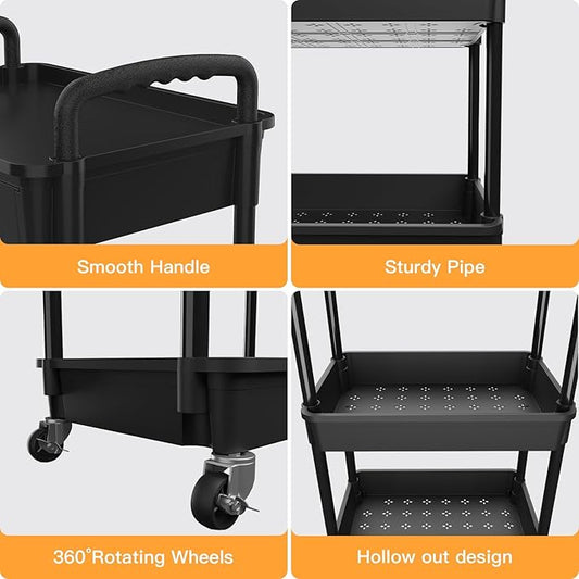 3 Tier Rolling Utility Cart with Drawer,REBECAT Utility Cart Made of Multifunctional Storage Organizer Tool for Kitchen,Bathroom,Living Room,Office(Black)