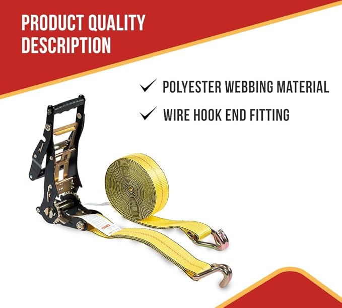 Mytee Products 20 Pack 2" x27' Yellow Ratchet Strap with J Hooks - 10,000 Lbs Breaking Strength -Heavy Duty Tie Down Large Bar Handle and Cargo Straps w/Wire Hooks for Flatbed, Truck, Trailers Pickup