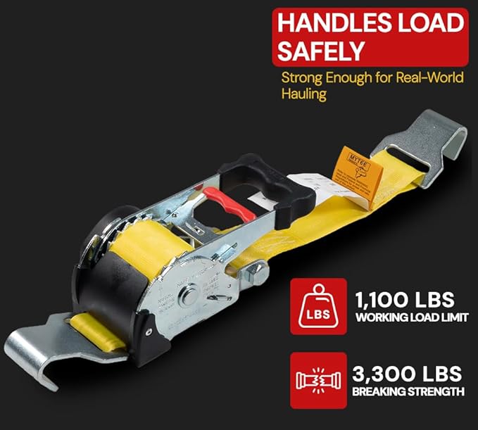 Mytee Products 2" x 10' Retractable Ratchet Straps with Narrow Flat Hooks - 3,300 lbs WLL - High-Abrasion Yellow Auto Retract Ratchet Tie Down Strap for Motorcycles, ATVs, Bikes, Boat Trailer