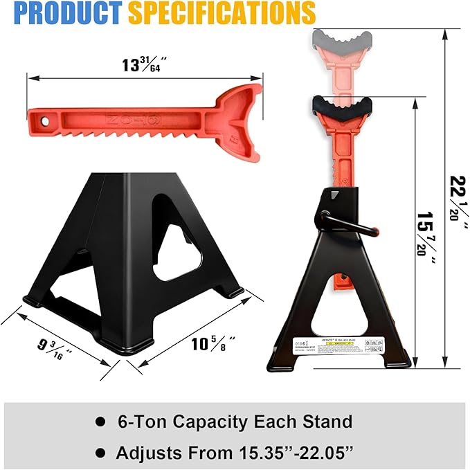 Upgraded 6 Ton Jack Stands (13,200 LBs) with 2 Crossbars&Double Locking - Heavy Duty Adjustable Car Jack Stand for Trucks, SUV, Car, UTV/ATV Garage Lifting Tool, 15.35"-22.05" Height, 1 Pair
