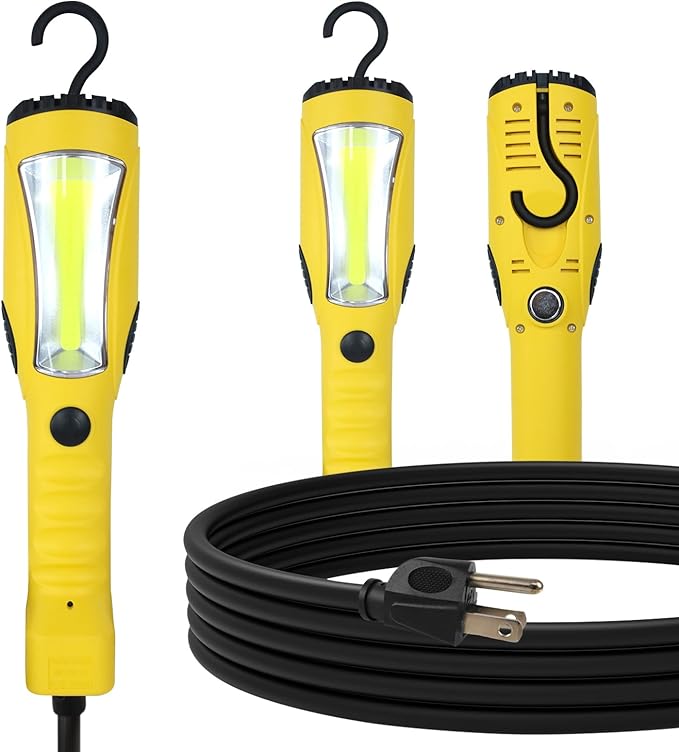 EP 15 Ft LED Work Light, 1200 Lumen COB LED Trouble Light - 16 Gauge SJTW Indoor Outdoor Extension Cord, Handheld, Magnetic Base, Rotatable Hanging Hook - Yellow