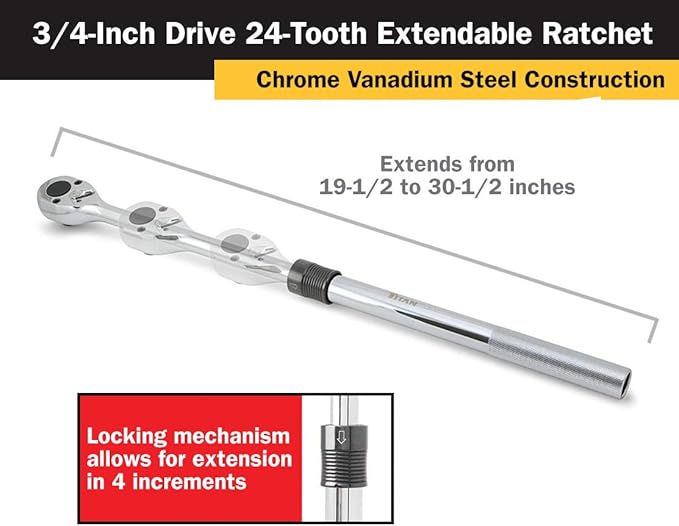Titan 12072 3/4-Inch Drive x 19-1/2 to 30-1/2-Inch 24-Tooth Extendable Ratchet