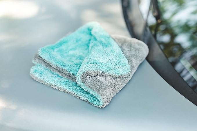The Rag Company - The Liquid8r - Absorbent 70/30 Blend Microfiber Drying Towel for Cars, Trucks, SUVs, Safe for Detailing + Scratch Free, Twist Loop, 1100gsm, 16in x 16in, Aqua Blue/Grey (2-Pack)
