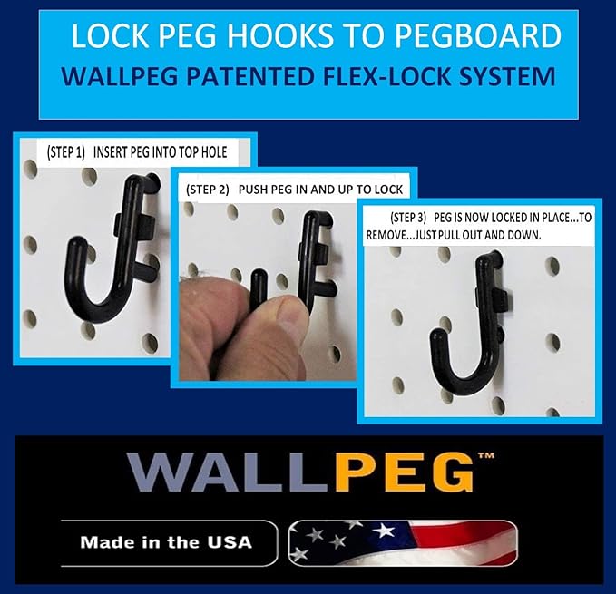 WallPeg 100 Pegboard Peg Hooks – Durable, Self-Locking Black Peg Board Hooks - 50 J & 50 L Style FlexLock Peg Hooks for Hanging Tools, Storage, and Wall Organization - Fits 1/4" Peg Holes
