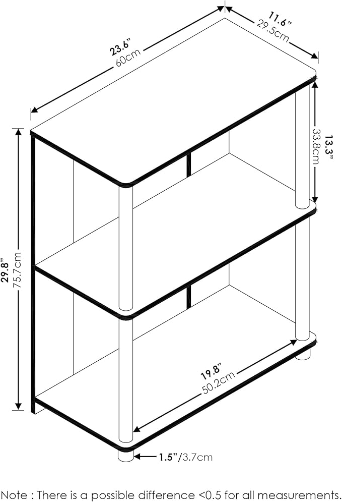 Furinno Jaya Simple Design 3-Tier Bookcase/Bookshelf/Display Rack with Stainless Steel Tubes, Americano