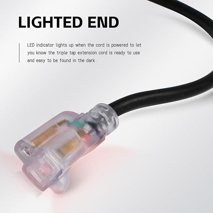 EP 10 Ft Outdoor Extension Cord, 12/3 SJTW Heavy Duty Waterproof Power Cable, 3 Prong Grounded Plug, Lighted End, for Lawn, Garden, Appliances, Black