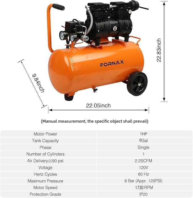 FORNAX 8 Gallon Air Compressor, 1HP 2.2 CFM, Max 125 PSI Oil-Free Air Compressor Tank, 70 dB Ultra Quiet Compressor for Nail Guns, Tire Inflation, and DIY Home Projects