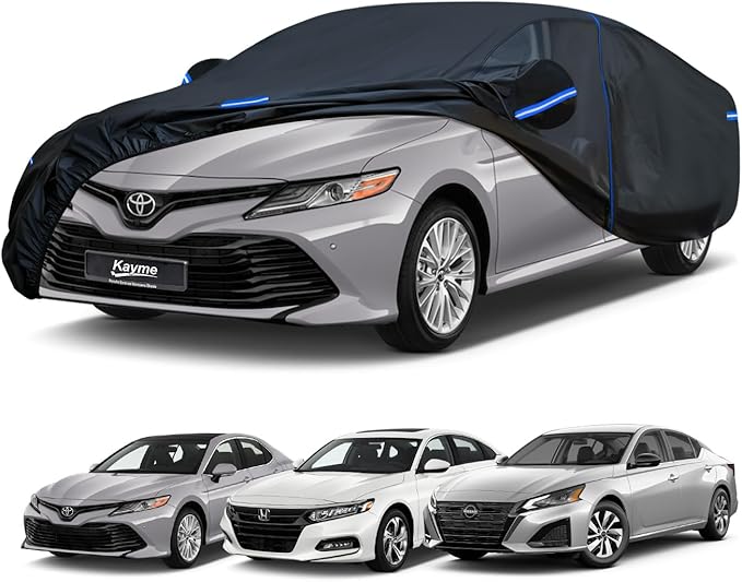 Kayme Car Cover Custom Fit for Toyota Camry/Camry Solara, Honda Accord, Nissan Altima, Windproof Upgraded & 100% Waterproof. All-Weather Full Exterior Cover Rain Sun Snow Protector with Door Zipper.