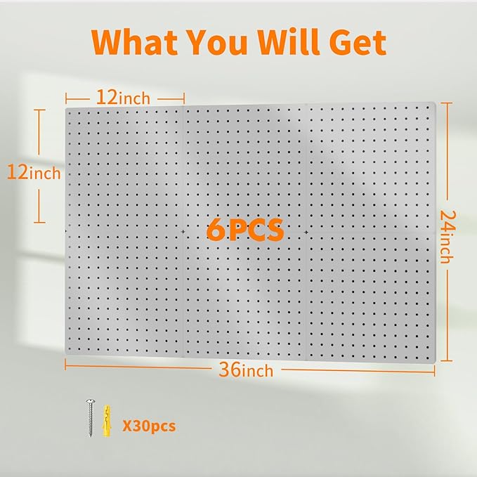 Peg Board, 6PCS Metal Pegboard, Heavy Duty Pegboard Wall Organizer with Frame. Pegboard for Walls, Garage, Workbench, Craft Room Tool Organization, Metal Pegboard Panels 12in*12in,Grey