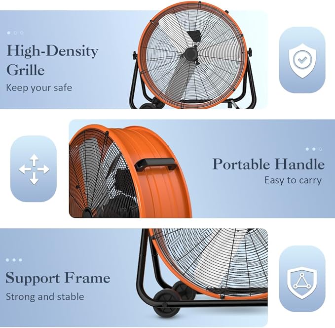 LifePlus 24 Inch Industrial Drum Fan High Velocity Floor Fan 3 Speed, Heavy Duty Metal Air Circulator with Adjustable Tilt & Large Wheel for Warehouse, Garage, Factory, Patio, Barn, Shop, Orange