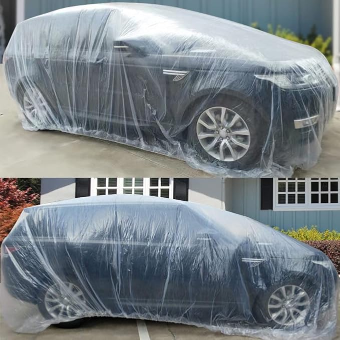 Disposable Car Cover 3 Pack Clear Plastic Car Cover Universal Rain Dust Garage Cover with Elastic Band Medium (15.7' x 24.8')