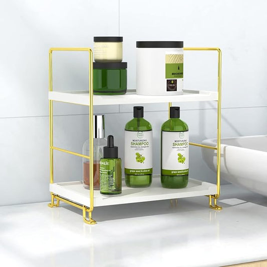 2-Tier Bathroom Countertop Organizer Perfume Organizer Makeup Shelf Bedroom Storage Tray or Kitchen Spice Rack (Gold)