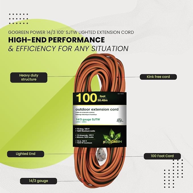 Go Green Power Inc. 14/3 100ft Lighted Outdoor Extension Cord - Durable, Heavy Duty - Perfect for Outdoor Tools & Equipment - GG-13800