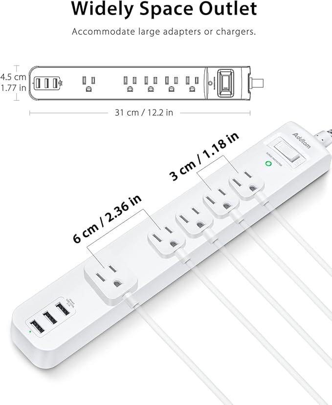 Surge Protector Power Strip - 10 FT Long Extension Cord with 5 Widely AC Outlets 3 USB Ports, Flat Plug with Overload Surge Protection for Home, Office, Dorm Essentials (2 Pack)
