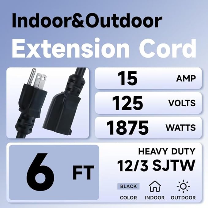 Indoor Outdoor Extension Cord, 12 Gauge 3 Prong Weatherproof Heavy Duty Black Extension Cords, 12/3 SJTW 15A 6 FT Extension Cable for Garage, Garden and Home, UL Listed
