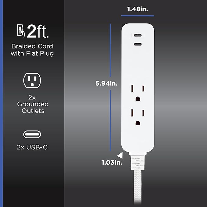 GE Surge Protector Power Strip Combo Pack with Multiple Outlets, 6 Outlet & 2 Outlet 2 USB-C, 245 Joules, 2ft Braided Cords, Flat Plugs, ETL Certified, White, 86076