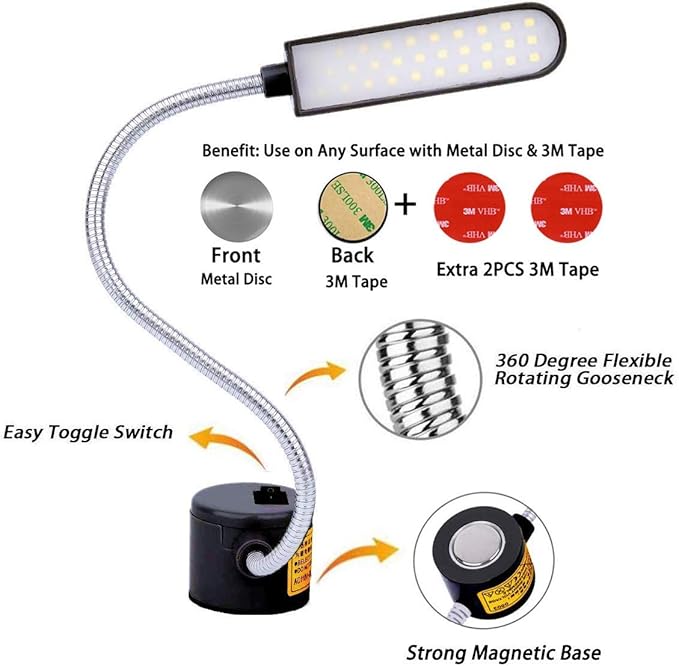 Sewing Machine Light LED Lighting (30LEDs) 6 Watt Multifunctional Flexible Gooseneck Arm Work Lamp with Magnetic Mounting Base for Workbench Lathe Drill Press 2 Pack