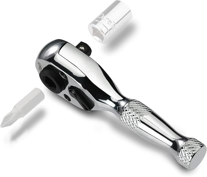 DURATECH 1/4-Inch Stubby Ratchet Wrench, Socket&Bit Driver, 72-Tooth, Chrome Alloy Made, Chrome Plated Finish